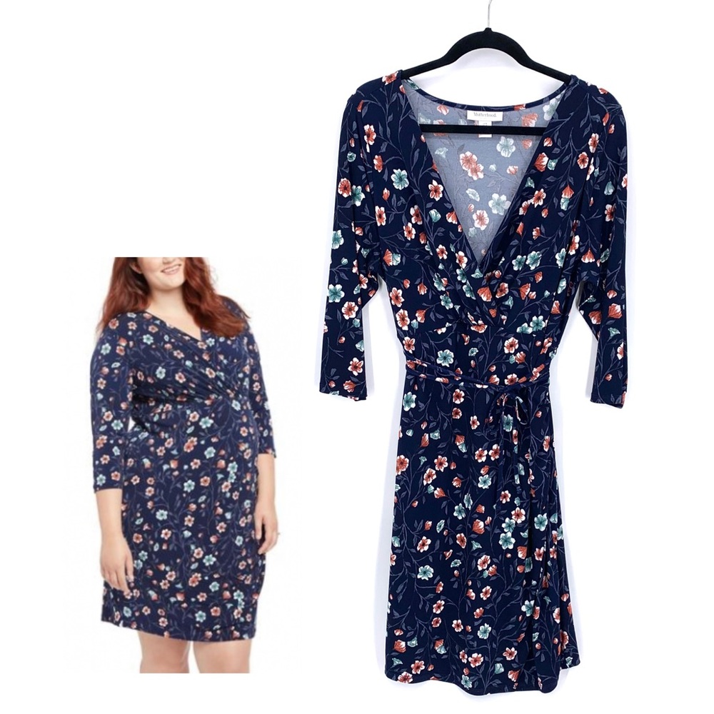 Motherhood Maternity Navy Blue Floral Print Faux Wrap Dress Size Large